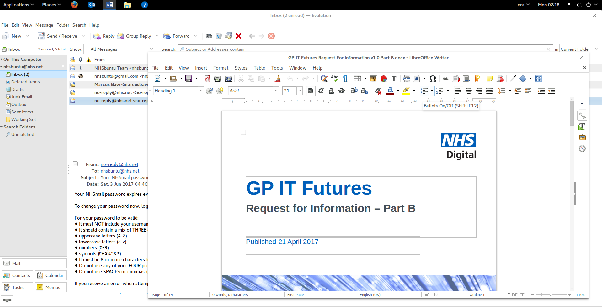 Screenshot of NHoS desktop showing Evolution mail client working with NHSmail and Libre Office Writter with an open document created in Microsoft Word.